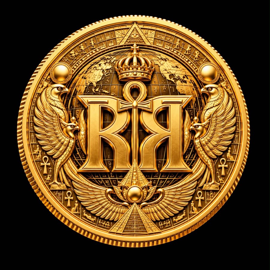 The Rare Radical gold coin: a crowned RR monogram with an ankh, flanked by falcons over a globe and pyramids